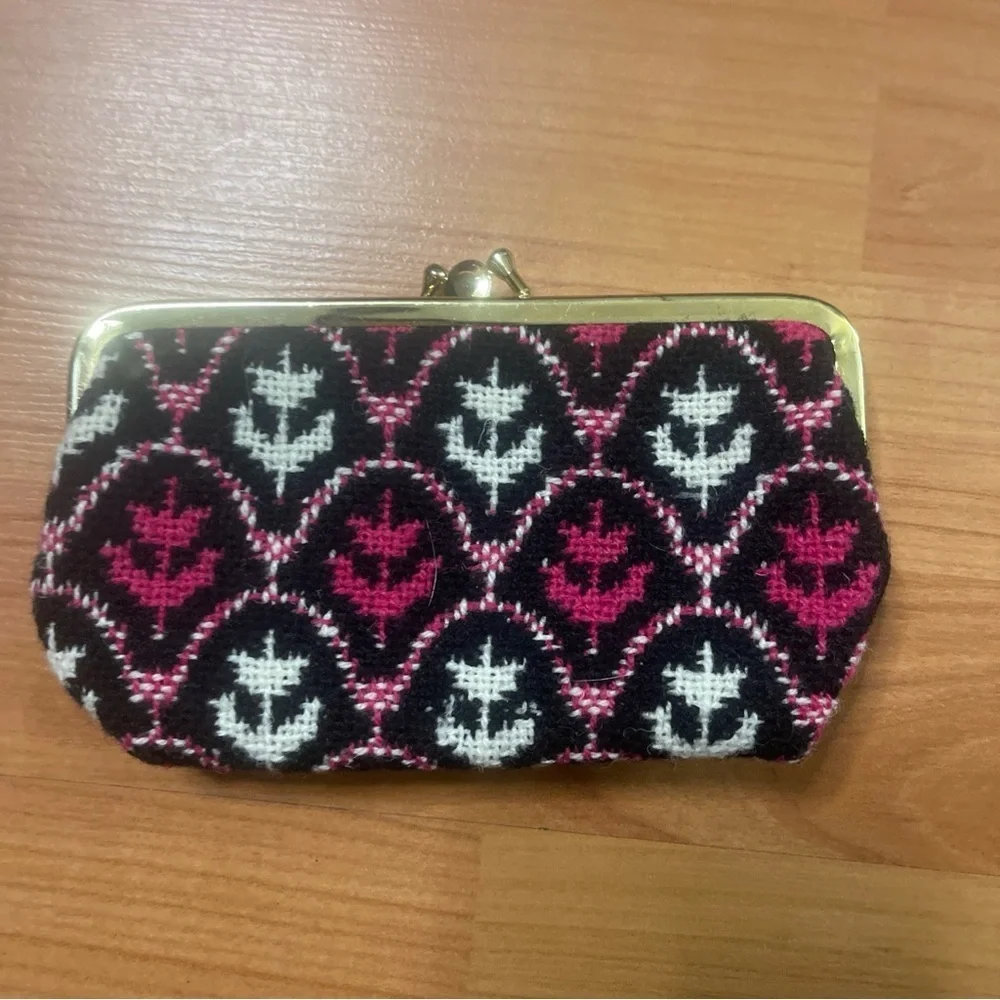 Vintage Wool Tapestry Blk Pink White Tulip Double Sided Small Kiss Lock Clutch